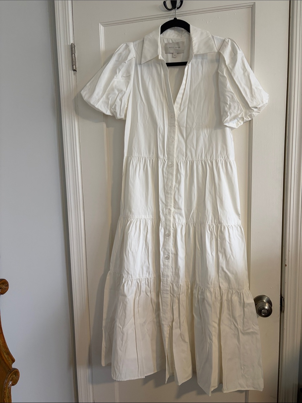 Brochu Walker White Tiered Button Midi Dress with Puff Sleeves Size M